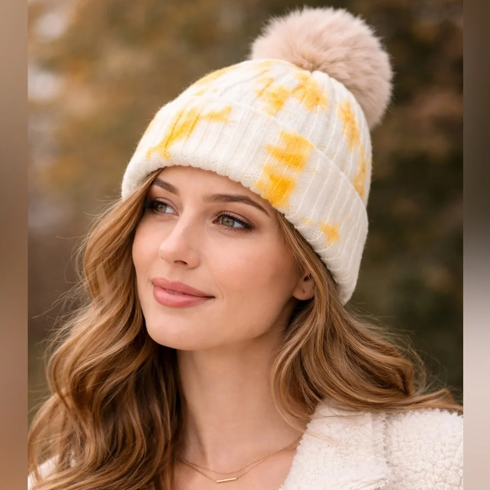 Women’s Tie-Dye Pom Beanie Cozy Knit Hat Winter fur lined Soft & Warm